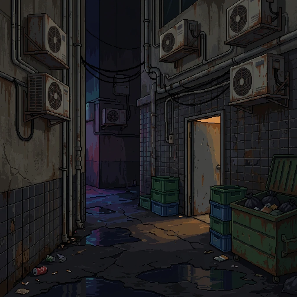 A wet back alley lined with air-conditioning units and pipes. Orange light spills from a half-open door.