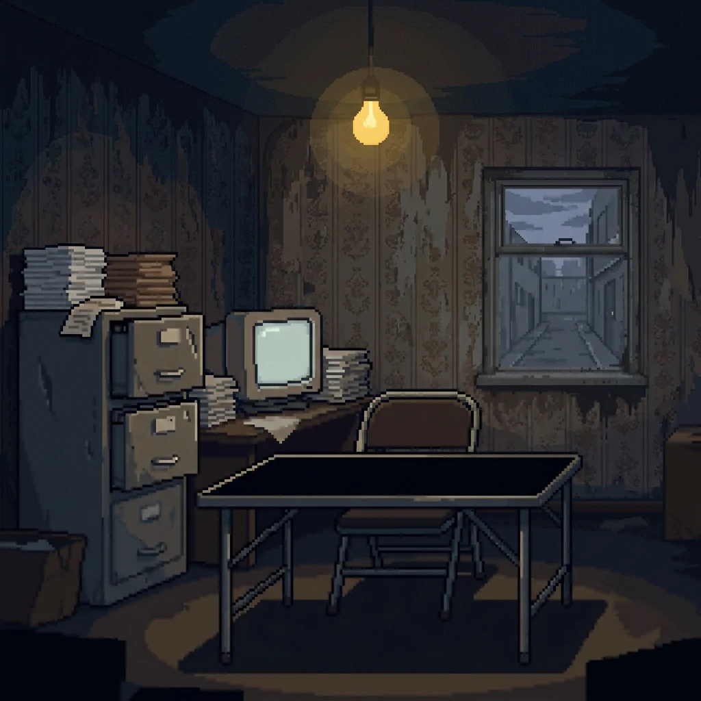 A back-room office lit by a single hanging bulb, with an old CRT computer, a filing cabinet and a folding steel desk.