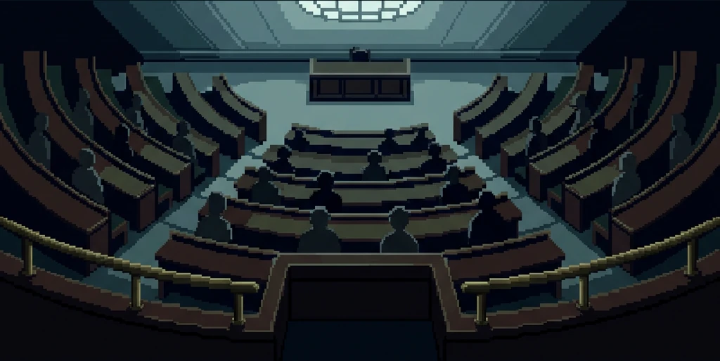 A dark legislative chamber, silhouetted members seated in semicircular tiers beneath a skylight.