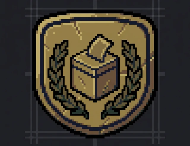 A gold shield crest showing a ballot box wreathed in laurel — the state emblem of the game's invented country.