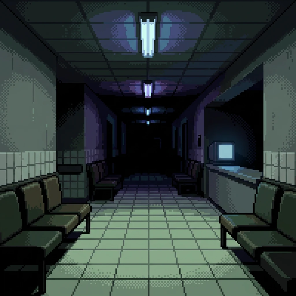 A hospital waiting corridor with only some of the fluorescent lights working, receding into darkness past rows of empty chairs.