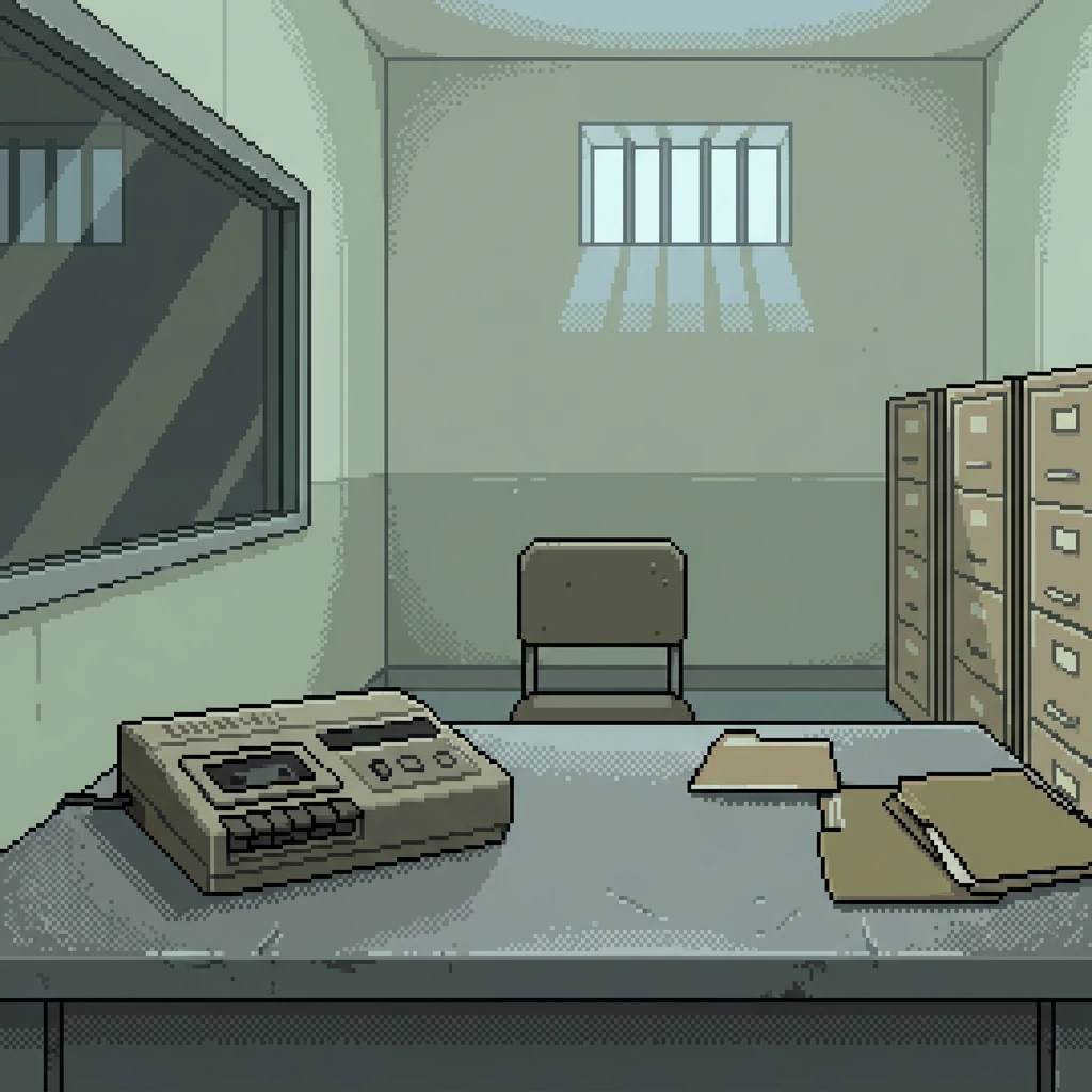An interrogation room with a one-way mirror and a barred window. A cassette recorder and folders sit on a steel table, one empty chair opposite.