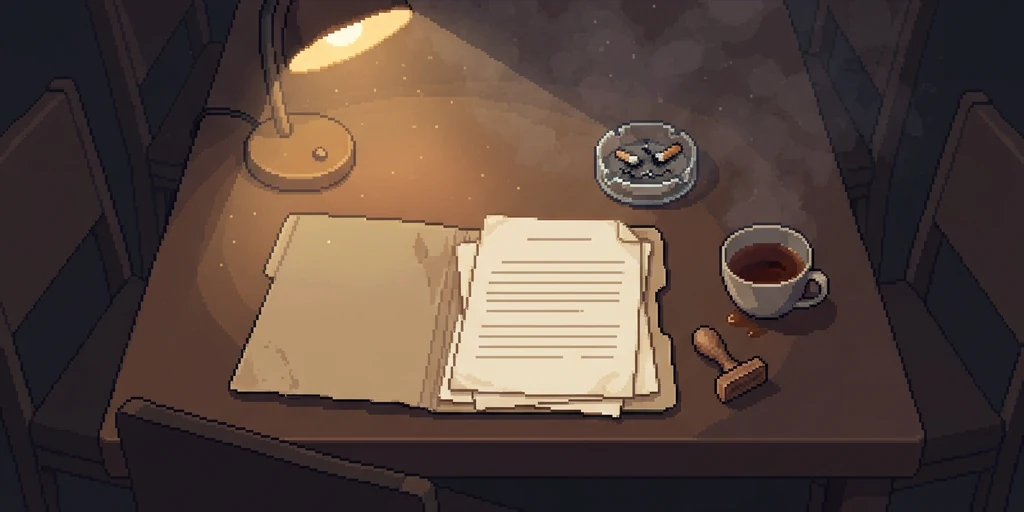 An open ledger and loose papers under a desk lamp, beside an ashtray of stubs, a coffee cup and a rubber stamp.