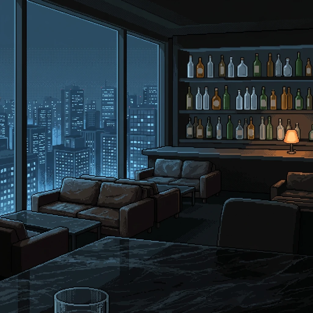 A high-rise lounge bar overlooking a lit city at night, with shelves of bottles, leather sofas and an empty glass in the foreground.