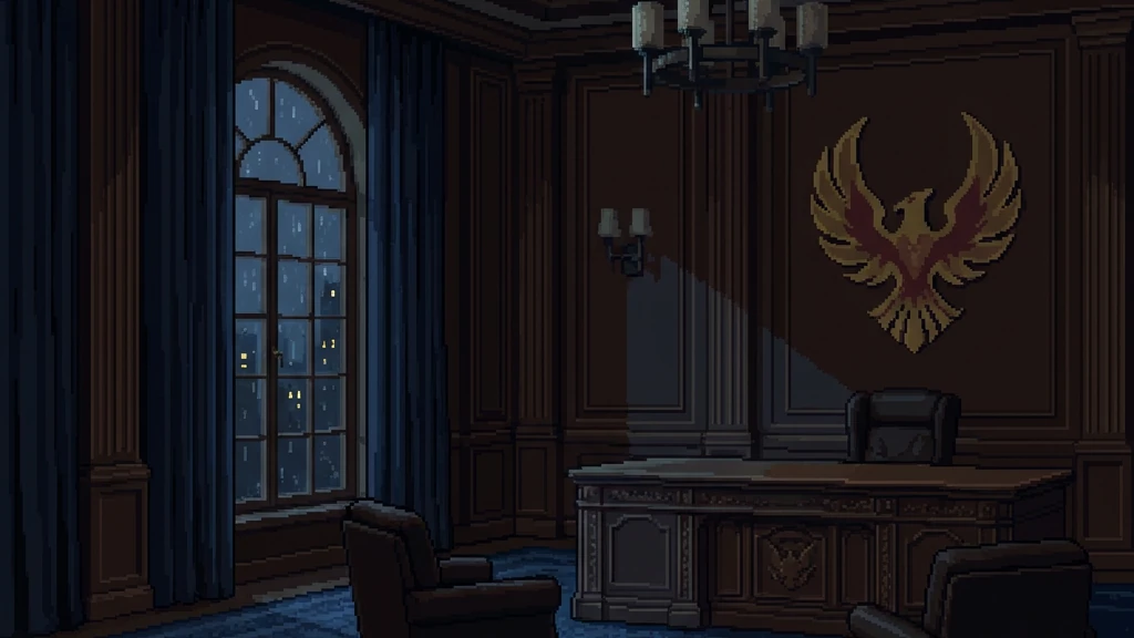 A dark executive office with rain on the tall window and an invented eagle crest on the wall. The chair behind the desk is empty.