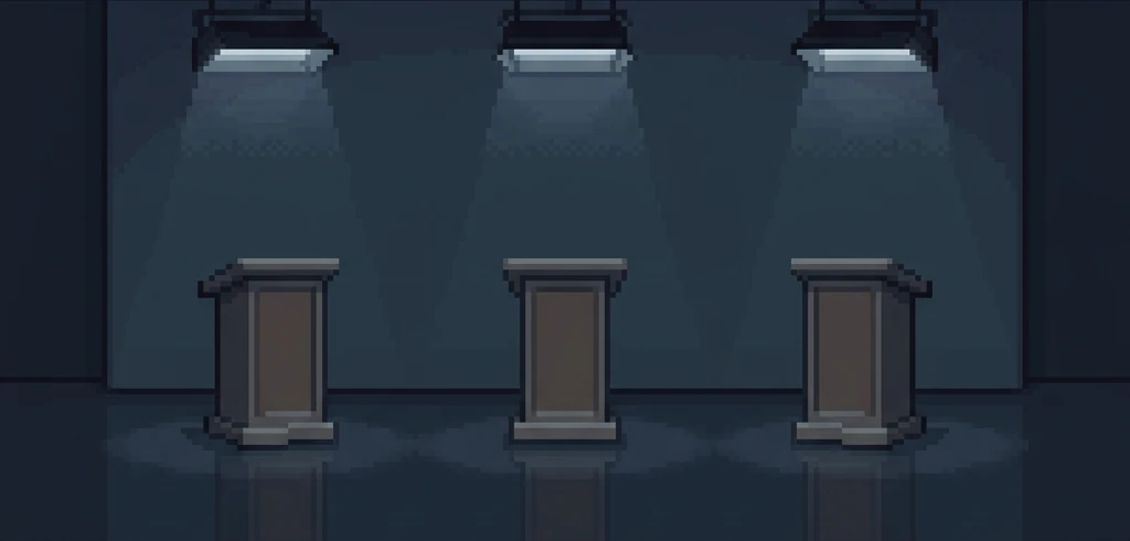 Three empty debate podiums standing in a row on a stage under three spotlights.